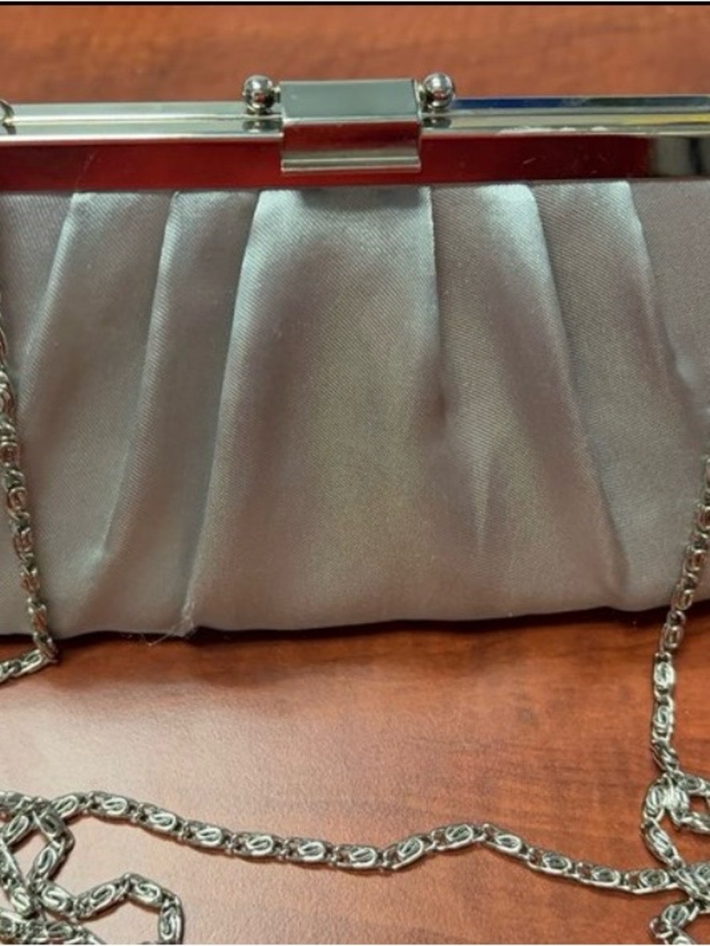 Jessica McClintock Silver Satin Pleated Clutch with Chain
